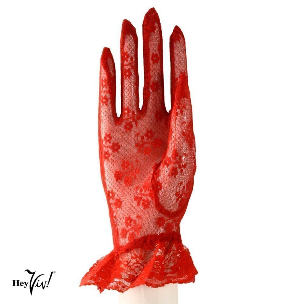 Red Lace Gloves Wrist Length w Ruffle Dressy Weddings Party Bridal Prom